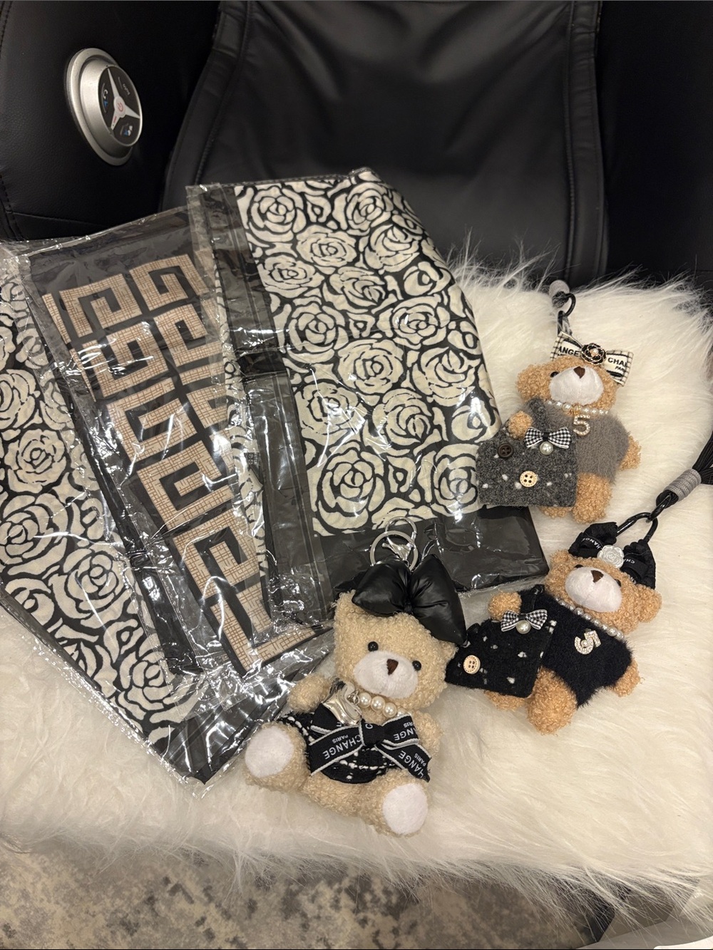 New Fashion 3 Black & Gray Teddy Bear Bag Charm & 3 Silk Scarves Bundle